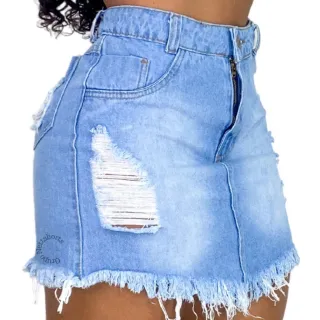Destroyed Cintura Alta Saia Jeans Feminina - 38