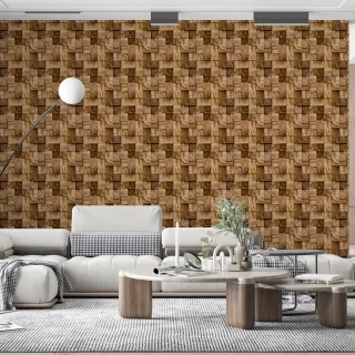 Tacos de Madeira Autocolante Lavável - Papel de Parede Cubos Marrom - Único