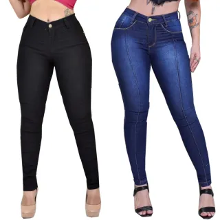 Calças Jeans Feminino Cós Alto Kit 2 - Modelagem Skinny, Levanta Bumbum - Preta e Azul Aço