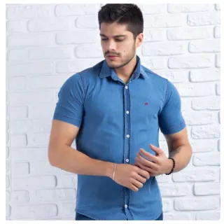 Pronta entrega! Camisa masculina manga curta slim fit jeans com elastano - jeans escura luxo.