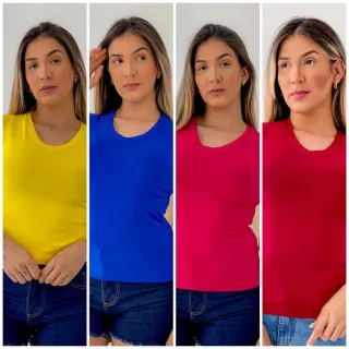 Manga Curta Gola V Kit 4 Blusas Femininas - BRANCO/ROSE/VINHO/PINK