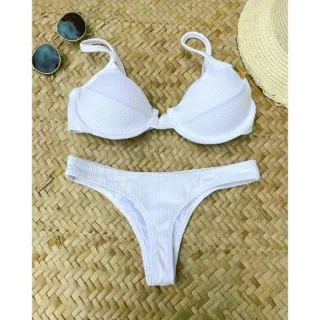 Moda Verão Biquíni Feminino Canelado Meia Taça com Aro e Bojo - Branco