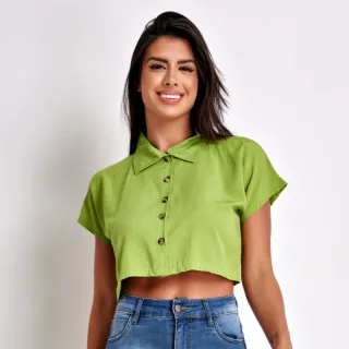 Camisa Social Cropped Feminina em Viscolinho Verão 2022 - Azul
