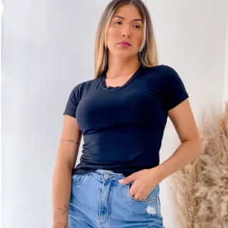 Blusa Manga Curta Gola V Feminina - Rose