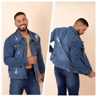 Jaqueta jeans masculina com bolso embutido e brilho - Luxo - Jaqueta jeans clara.