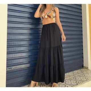 Saia longa de viscose feminina, liso cor verão - Preto