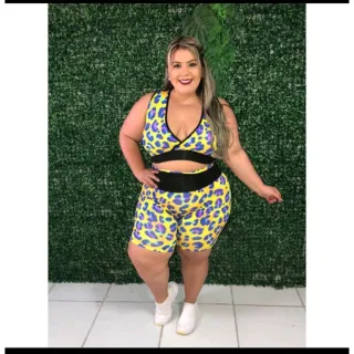 Plus Size Conjunto Fitness Roupa Academia GG e XGG - Top + Short - CONJUNTO PLUS ESTAMPADO