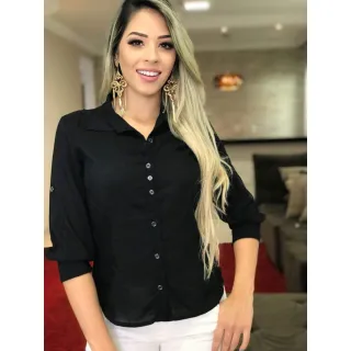 Pronta Entrega Camisa Social Feminina Slim Fit Manga 3/4 Premium Luxo - Azul Marinho