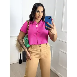 Camisa Social Feminina Cropped com Botões - Verde LIMA