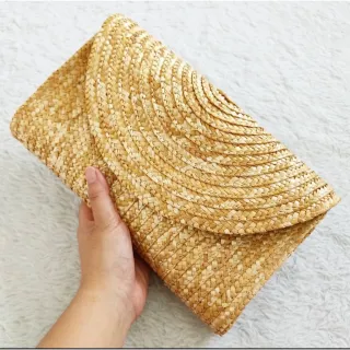 Ecobag feminina com forro interno e palha brilhosa - Carteira de palha natural - Amarelo