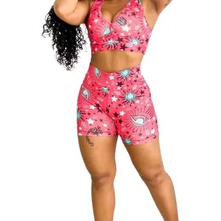 Top + Conjunto Short Treino Estampado Cintura Alta Academia - Estampado