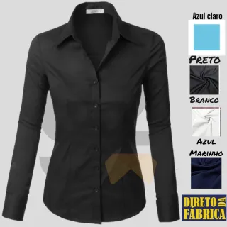Manga Longa Camisa Social Feminina Lisa Toque Macio - Azul Celeste