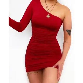 Gringo Colado Curto Única Manga Vestido Feminino - Vermelho