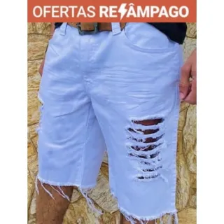 Shorts Masculino Rasgado Branco Sarja Jeans