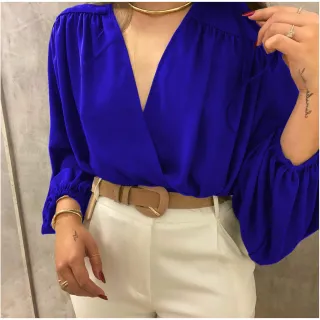 Blusa Solta Manga Longa Cropped Feminina Decote Bufante - Azul-Royal