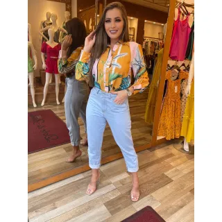 Estampada Chic Social Blusa Manga Longa com Botões - branco/azul/amarelo