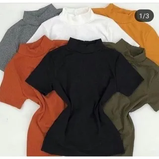 T-shirt Feminina Manga Curta Gola Alta Canelada Moda Evangélica - Azul Marinho