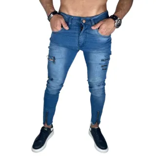 Promoção Calça Jeans Masculina Slim Rasgada Preta e Azul - Envio Imediato - JEANS ZIPER BARRA AZUL MÉDIO