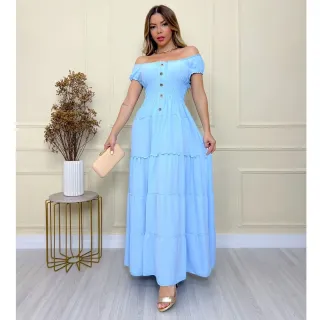 Vestido Longo Feminino com Estilo Ciganinha, Botões e Lastex na Cintura - Moda Verão - Azul Bebê