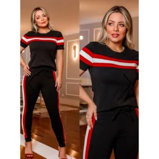 Calça jogger listrada luxo e blusa feminina - Conjunto diversos tamanhos - Preto C/ Rose