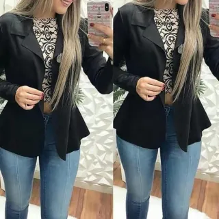 Casaco curto em neoprene com babado - Blazer feminino - Rosa Bebe