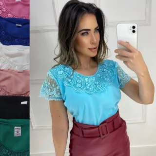 Blusinha Romântica em crepe de seda com renda gripir e pedraria - Modelo 2