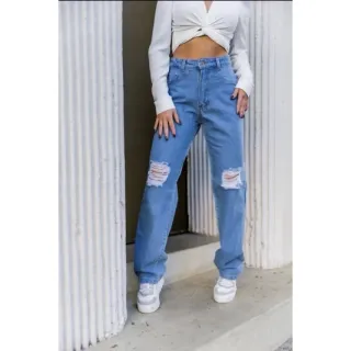 Calça Pantalona Jeans Feminina Wide Leg Cintura Alta 2022 - Azul claro  drestroyed