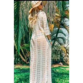 Moda praia manga 7/8: Saída de praia longa tricot - ROSA BB