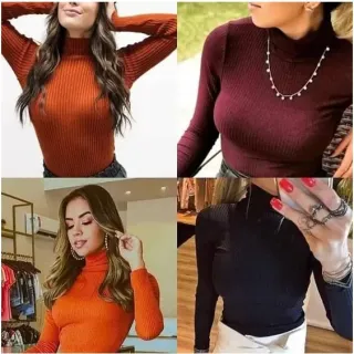 Malha Canelada Blusa Manga Longa Gola Alta Inverno Feminina (Inovastilo) - Azul Marinho