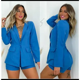 Tendência Conjunto Blazer Manga Longa e Short Linho P ao GG Feminino - Vermelho