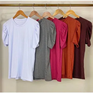 Malha Canelada Manga Curta Blusa Feminina Princesa Bufante - Roxo