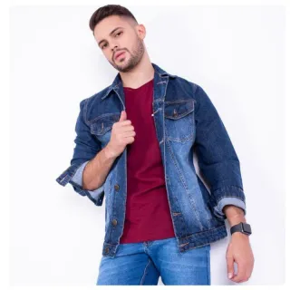 Jaqueta jeans masculina com bolso embutido e brilho - Luxo - Jaqueta jeans clara.