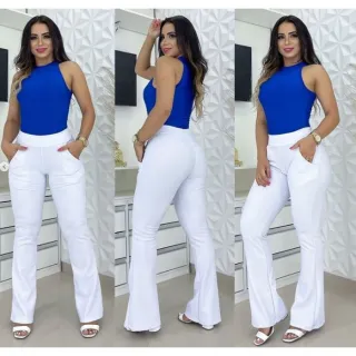 Novidade: Calça feminina jacard flare cintura alta com bolso em tecido macio - MESCLADO