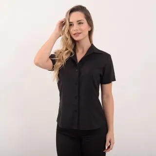 Camisa social feminina manga curta preta e branca, gabardine passa fácil - COR PRETA  TAMANHO P