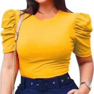 Linda Blusa Canelada Manga Curta Princesa Feminina Tamanho Único - Azul