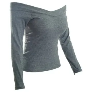 Promoção Blusa Feminina Manga Longa Ombro a Ombro Canelada - Cinza