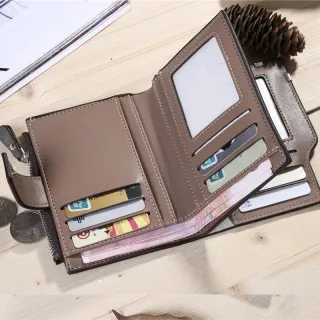 Carteira de Couro PU Masculina Tripla com Funções Multi Cartões - Marca Dólar - Castanho