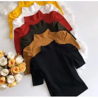 Blusa manga curta bufante canelada gola alta feminina - P