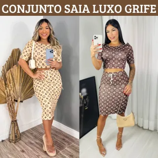 Conjunto Saia Midi e Cropped Deolane LV Super Luxo - Bege