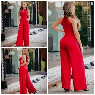 Calça Pantalona Macacão Longo com Tiras Laterais - Coral