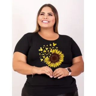 Camiseta Girassol Plus Size em Viscolycra - Preta LEAO CORAGEM