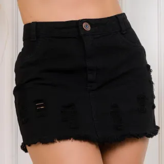 Saia Preta Destroyed Cintura Alta Feminina Jeans com um Botão - preta um botão