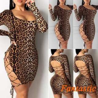 Estampa de Leopardo Vestido Curto Slim com Manga Comprida - Impressão de leopardo-S