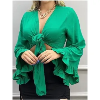 Roupa Feminina Cropped Blusa Manga Flare Babado - Fúcsia