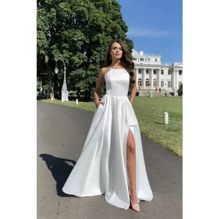 Vestido Longo de Noiva Halter Dividir com Tiras Strapless - Branco