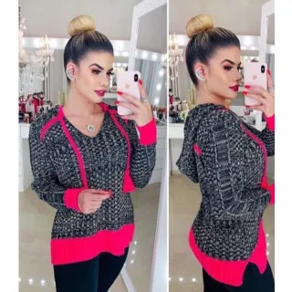 Promoção: Suéter Tricô Inverno Manga Longa Blusa Trico com Capuz Feminina - Pink/Azul Claro