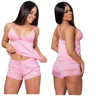 Pijama Sexy Feminino Com Renda - Short Doll Baby Dol - Pink