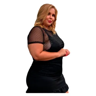 Plus Size Blusa Bolinha Transparente Poá Tule Grande 46 A 52 - preto poa