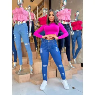 Calça feminina cintura alta sal e pimenta jeans - Forma PEQUENA/ bordado 0146