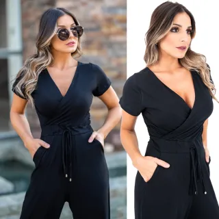 Casual Discreto Decote Transpassado Manga Curta Longo Social Feminino Macacão - G